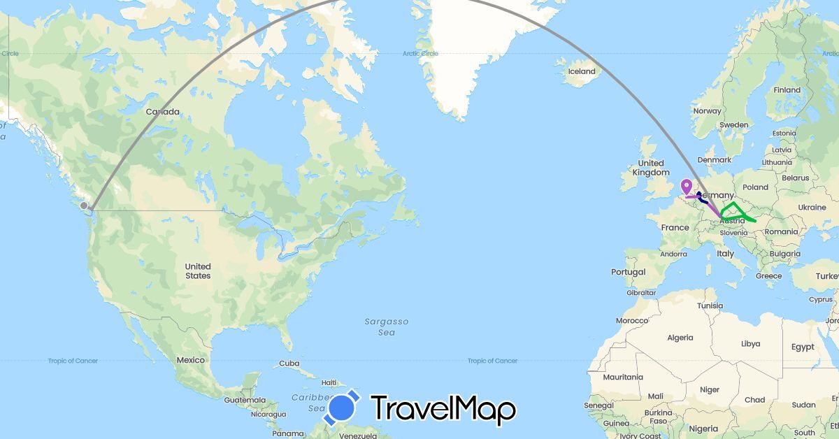 TravelMap itinerary: driving, bus, plane, train in Austria, Belgium, Canada, Czech Republic, Germany, Hungary, Slovakia (Europe, North America)